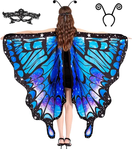 Vista 2 de Tibeha ButterflyWingsforWomen Kids - Double-SidedPrintingCostumeHalloweenGirls CapewithMaskandAntennaHeadband