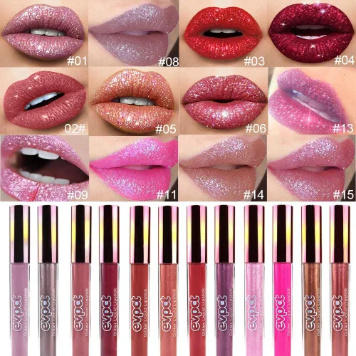 Vista 2 de evpct Juego de 2 Barras de Labios con Brillo Metálico de Diamante Rosa y Rosa Intenso para Mujeres de Larga Duración Resistente al Agua, Barra