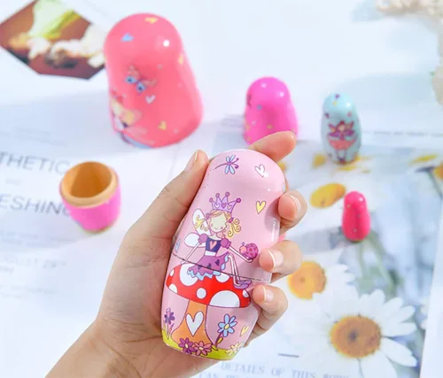 Vista 3 de Muñecas de anidación de ángel rojo rosa Matryoshka de madera rusa, juego de 5 piezas para niños y niñas