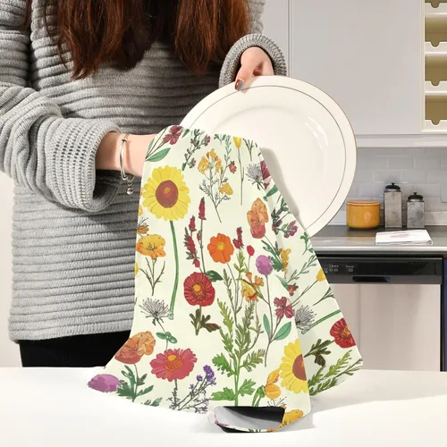 Vista 6 de Retro Wildflowers Botanical Yellow Towels Kitchen Sets, 28x18 Inches Absorbent Printed Hand Towels, Set of 6