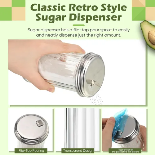 Vista 3 de FoldTier Dispensador de azúcar de vidrio con bandeja de 12 onzas, recipientes de azúcar de estilo retro con tapa de acero inoxidable para cafetería