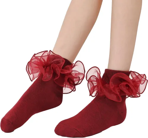 Vista 4 de Dicry Calcetines de doble encaje con volantes grandes para bebés y niños pequeños