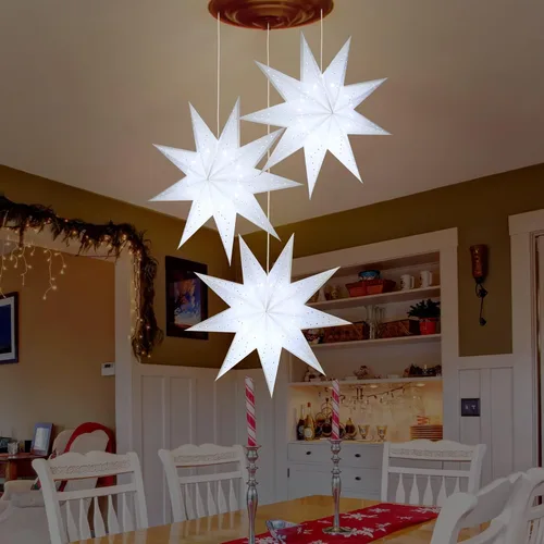 Vista 4 de Kingdder Faroles de estrella de papel de Navidad de 20 pulgadas con pantalla de lámpara de estrella con luz LED blanca de 9 puntas, estrellas