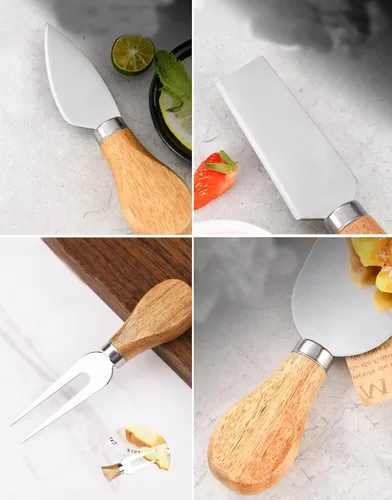Vista 5 de AARAINBOW Juego de 4 cuchillos de queso de regalo, accesorios de charcutería, cuchillo de queso de acero inoxidable con mango de madera, cuchillo