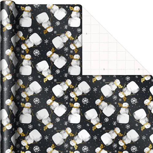 Vista 4 de Hallmark - Papel de regalo de Navidad negro con líneas de corte en el reverso (3 rollos: 11.2 m2) Gris carbón, muñecos de nieve, cuadros de rombos