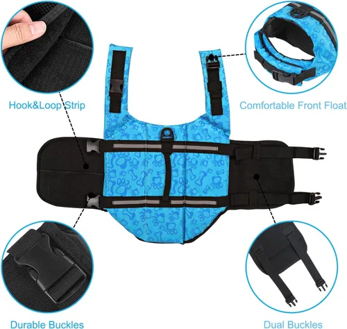 Vista 4 de HAOCOO - Chaleco salvavidas para perro, chaleco salvavidas, traje de baño de seguridad con rayas reflectantes/cinturón ajustable para perro.