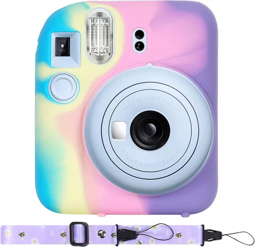 Vista 11 de Aenllosi Funda protectora de silicona adecuada para cámara Fujifilm Instax Mini 12 con correa para el hombro (rosa flor, solo funda)