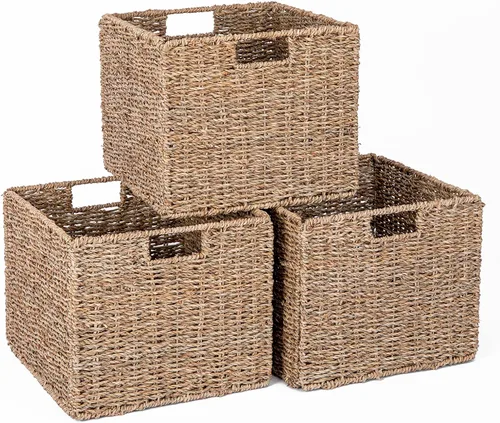 Vista 9 de Cesta de almacenamiento de mimbre de plástico de 12x12x10 pulgadas, cesta de almacenamiento de cubo de mimbre plegable para estantes, cesta