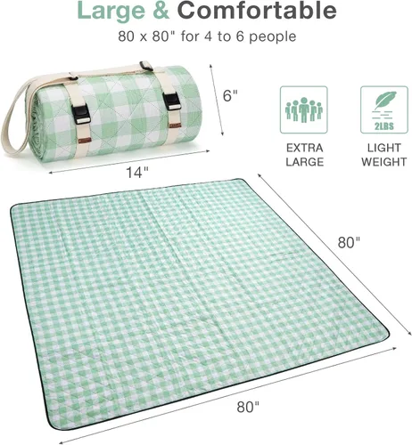 Vista 2 de WILLOW WEAVE Manta de pícnic, 80 x 80 pulgadas, impermeable, para exteriores, tapete de picnic lavable para playa, mantas de picnic para acampar