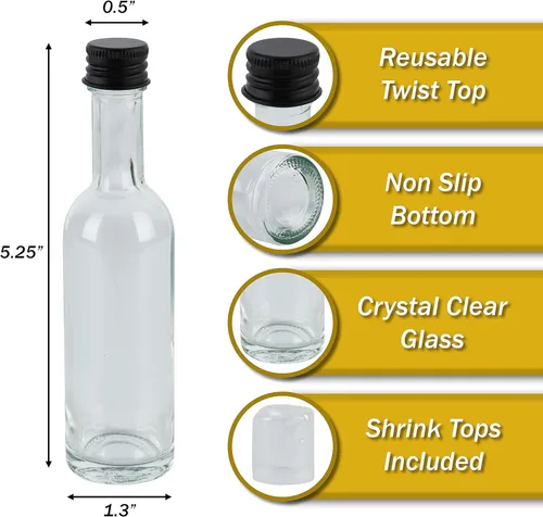 Vista 2 de Mini botellas de vidrio pequeñas de 1.7 fl oz con tapa de aluminio y termorretráctiles, paquete de 24 (tapas negras) para bebidas de salsas de licor