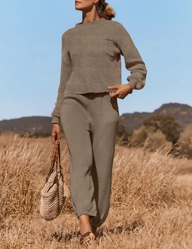 Vista 2 de ZESICA Women's 2 Piece Outfits Sweater Set Long Sleeve Mock Neck Knit Pullover Top High Waist Pant Tracksuit Lounge Sets