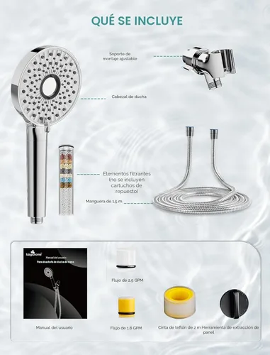 Vista 9 de Magichome Cabezal de ducha filtrado con mano, cabezal de ducha cromado desmontable de 10 grados de alta presión con manguera de acero inoxidable