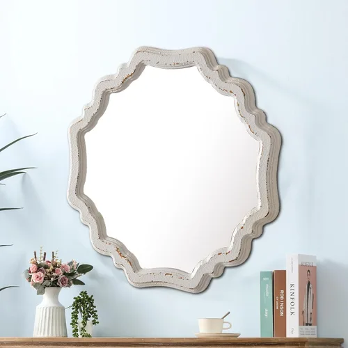 Vista 5 de Espejos redondos rústicos festoneados blancos para decoración de pared de sala de estar de 15.7 pulgadas, espejo de tocador circular de madera