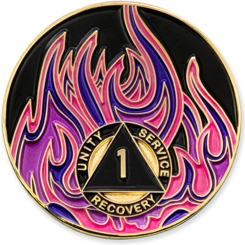 Vista 18 de Medallón de recuperación AA chapado en oro de 1 año Twisted Flames - Negro/Rojo/Naranja/Amarillo