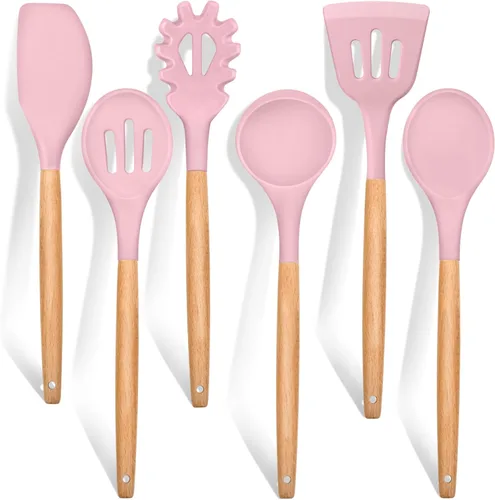 Vista 17 de E-far Juego de 6 utensilios de cocina de silicona con mango de madera, utensilios de cocina antiadherentes y resistentes al calor, incluye