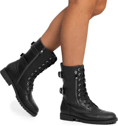 Vista 6 de DREAM PAIRS Botas de combate de invierno para mujer, cómodas y cálidas con forro de piel sintética para exteriores, con cordones, botas