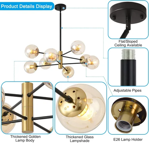 Vista 5 de 8 Lights Modern Sputnik Chandeliers, Mid Century Light Fixture with Glass Shade, Height Adjustable Recessed Ceiling Light fixtures for Dining Room