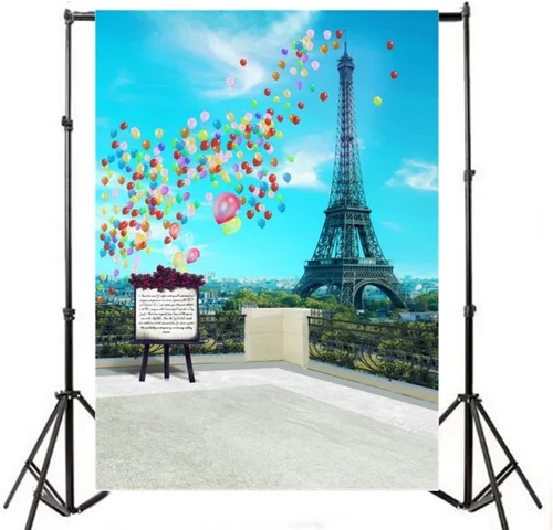 Vista 2 de AOFOTO Telón de fondo de la Torre Eiffel de 3 x 5 pies, decoración de fiesta de cumpleaños temática de París, decoración de fiesta de cumpleaños