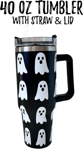 Vista 3 de Lashicorn Ghost Boo - Vaso de 40 onzas con asa, diseño moderno de Halloween, con tapa y pajilla, diseño en blanco y negro