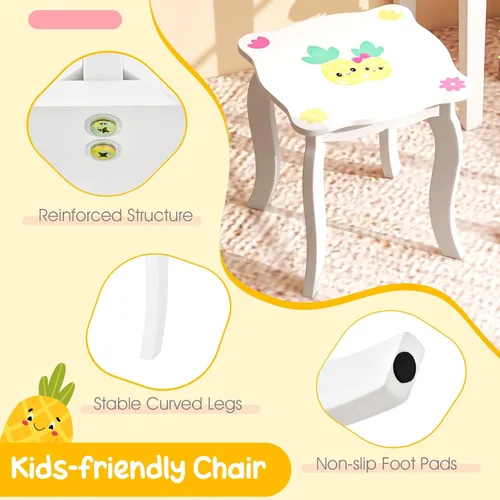 Vista 5 de Costzon Vanity - Juego de tocador para niñas con espejo plegable de tres piezas, taburete, cajón de almacenamiento, tocador de maquillaje