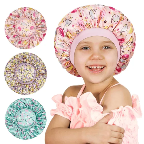 Vista 9 de 3 gorros para niños, gorros para niñas, gorro de seda satinada para dormir, gorro de dormir de banda ancha suave para trenzas de cabello rizado