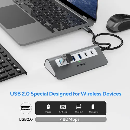 Vista 5 de Hub USB C Adaptador Multipuerto, Mosirui Estación de acoplamiento 9 en 1 USB-C con HDMI 4K, 5Gbps Tipo C 3.0, USB-A 3.0/2.0, PD 100W, SD/TF