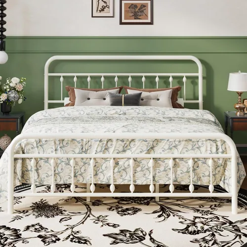 Vista 14 de SHA CERLIN Base de cama de plataforma de metal de tamaño matrimonial con cabecera y estribo de estilo victoriano, fácil montaje, almacenamiento Negro