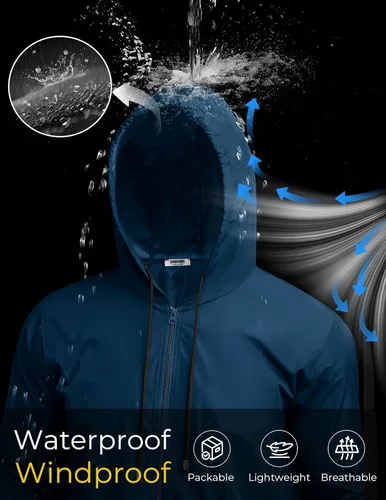 Vista 5 de COOFANDY Chaqueta impermeable para hombre, ligera, impermeable, con capucha, equipo de lluvia, viajes, senderismo, ciclismo