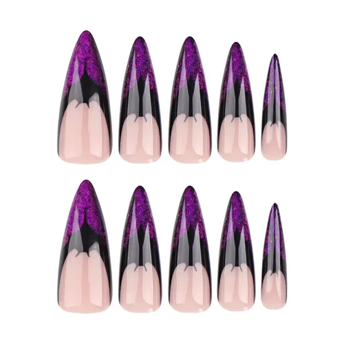 Vista 4 de Uñas postizas largas a presión de Halloween, uñas postizas de cobertura completa, con diseños de murciélagos, uñas postizas con purpurina, punta