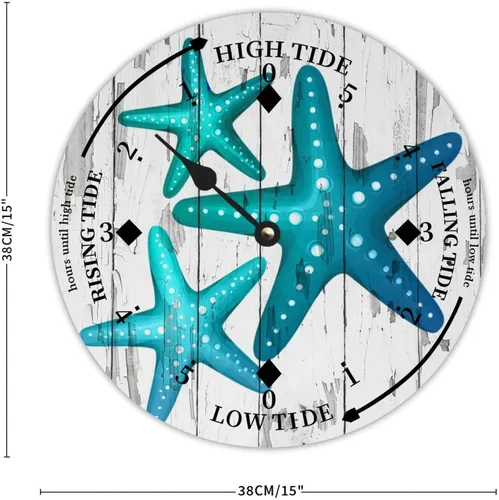 Vista 6 de Reloj de marea de estrella de mar oceánico, silencioso sin tictac, funciona con pilas, reloj de marea de madera, arte de pared, reloj de movimiento