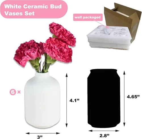 Vista 2 de Juego de 6 jarrones pequeños de cerámica blanca para decoración, jarrones bohemios para flores secas, jarrones de cerámica blanca de 4.1 pulgadas