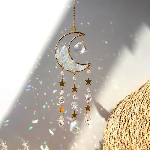 Vista 8 de WEISIPU Atrapasoles hecho a mano con cristal de luna, prisma de estrella, atrapasoles de arco iris, colgantes para ventana, jardín, hogar, patio