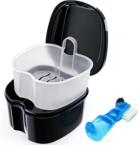 Vista 20 de Paquete de 2 estuches de baño para dentaduras postizas, soporte para dientes postizos con cepillo, estuche de limpieza para retenedores, taza
