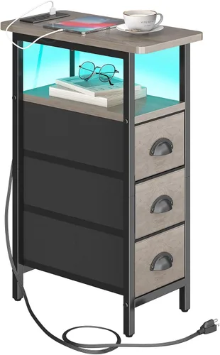 Vista 10 de sthmec Mesa auxiliar con estación de carga, mesas auxiliares LED con puertos USB y tomacorrientes, mesitas de noche delgadas con 3 cajones, mesas