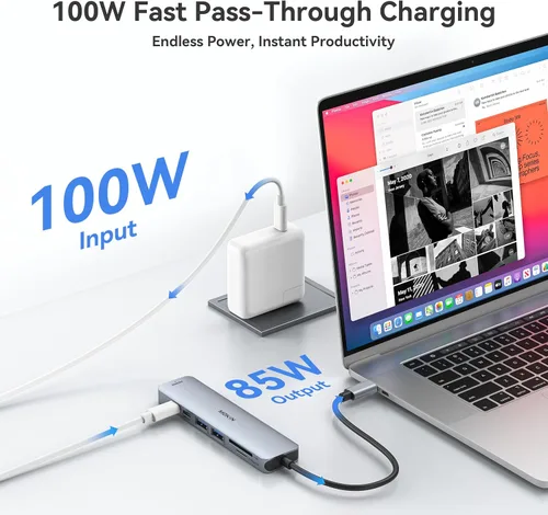 Vista 4 de Adaptador HDMI USB C Hub para MacBook Pro/Air, MOKiN 7 en 1 USB C Dongle con HDMI, lector de tarjetas SD/TF, puerto de datos USB C, 100 W PD y 2 USB