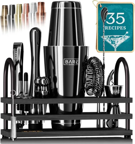 Vista 10 de BARE BARREL Mixology Bartender Kit Bar Set Juego de coctelera de 14 piezas Herramientas de mezcla de Martini Barware para el hogar 35 tarjetas