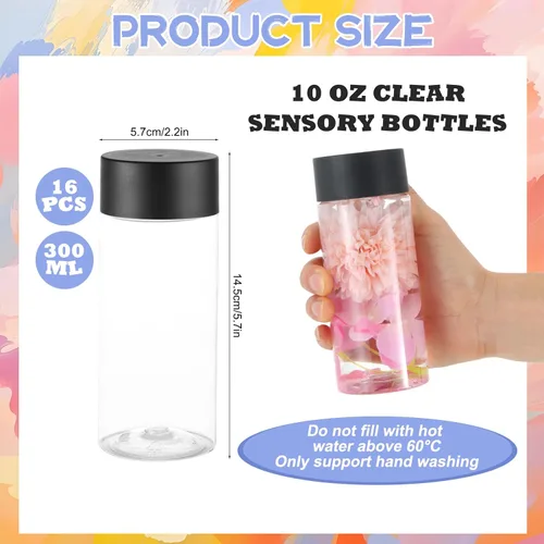 Vista 2 de YEXEXINM Juego de 16 botellas sensoriales vacías, botellas sensoriales de plástico transparente a prueba de fugas de 10.1 fl oz con tapas