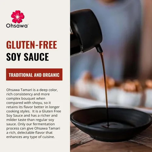 Vista 6 de Ohsawa Tamari orgánico, elaborado tradicionalmente en barriles de cedro para mayor sabor, salsa de soja japonesa, baja en sodio, sin gluten, vegano