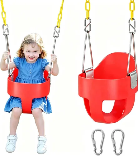 Vista 9 de DECORLIFE Asiento de columpio para niños pequeños, columpio para bebé al aire libre con cadenas recubiertas, silla de columpio de cubo completo