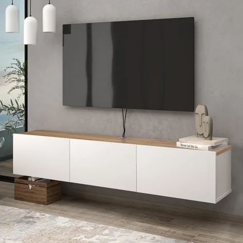 Vista 9 de Atelier Mobili - Consola de TV de pared, color blanco brillante, centro de entretenimiento con diseño flotante Madera como