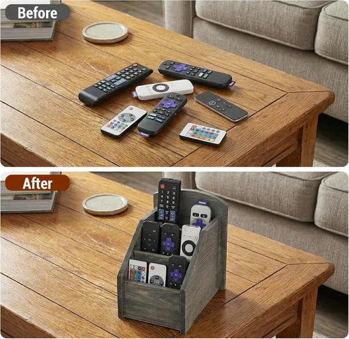 Vista 2 de MyGift Organizador rústico de madera gris oscuro con 3 compartimentos, caja de almacenamiento remoto para TV y medios para sala de estar