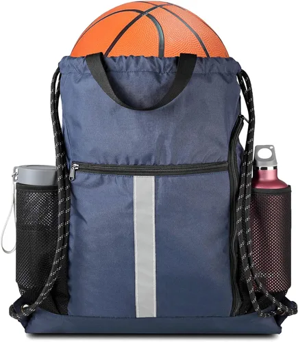 Vista 2 de BeeGreen Mochila con cordón, bolsa de gimnasio deportiva negra, tamaño grande, con cremallera, botella de agua, bolsillos de malla, compartimento
