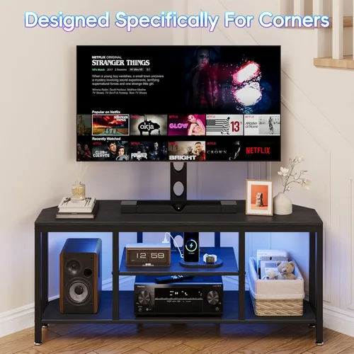 Vista 4 de Soporte de TV esquinero con soporte LED, soporte universal para TV de 32 a 65 pulgadas, consola giratoria de altura ajustable, centro