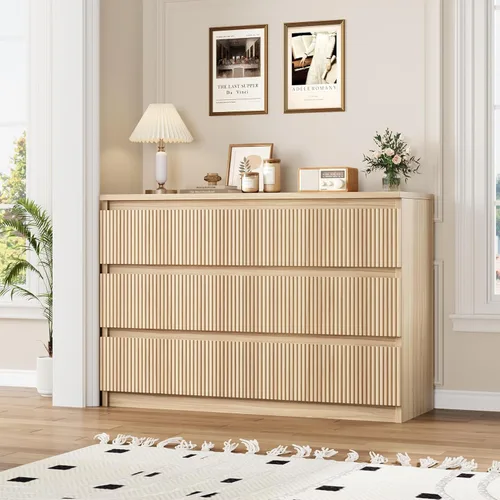 Vista 9 de Jocoevol Cómoda de Roble de 6 Cajones para Dormitorio, Cómoda Acanalada Moderna, Cómodas de Dormitorio con Cajones, Cofre Grande de Cajones