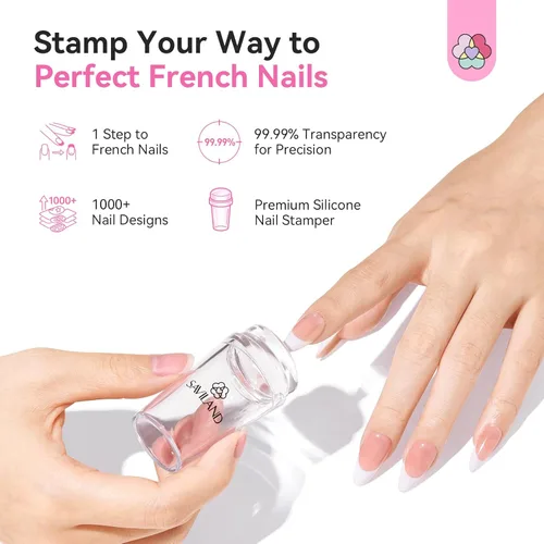 Vista 2 de Saviland Sello de uñas de punta francesa: kit de 4 sellos de uñas de silicona transparente, estampado de gelatina larga y corta con raspadores
