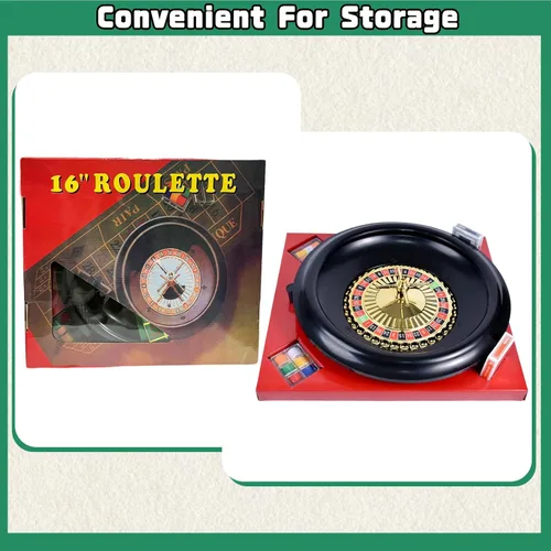 Vista 5 de Juego de ruedas de ruleta profesional de 16 pulgadas con 120 fichas, 2 mazos de cartas, tapete de mesa de juego reversible, rastrillo y bolas