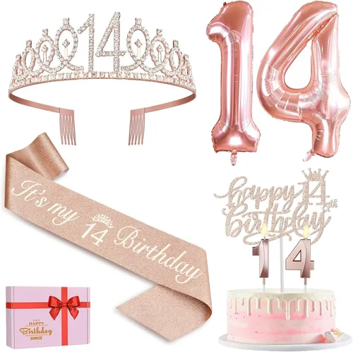Vista 50 de Decoraciones de cumpleaños número 17 para niña, incluyendo tiara y banda de cumpleaños de 17, decoración para pastel y velas, globos de números
