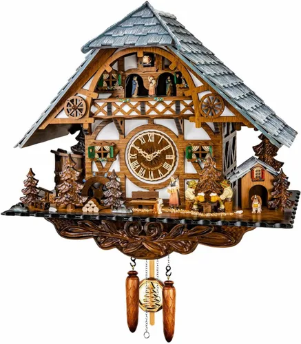 Vista 2 de Engstler Quartz Cuckoo Clock with Musik Black Forest House with Moving Beer Drinkers and Mill Wheel