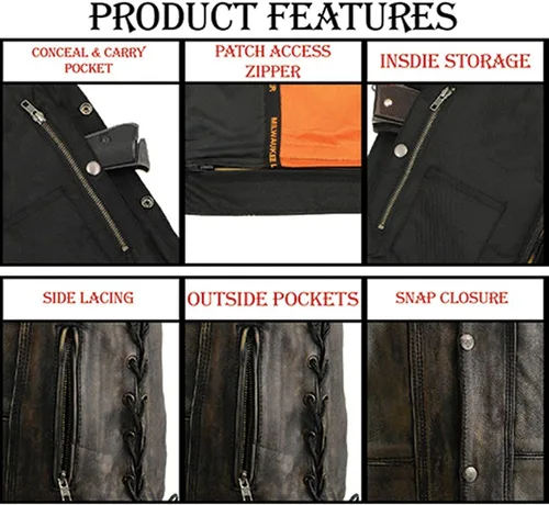 Vista 6 de Milwaukee Leather MLM3540 - Chaleco de piel para hombre, estilo moto, envejecido, café, con 10 bolsillos