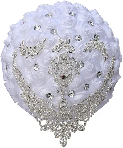 Vista 32 de Ramo de novia de boda de lujo hecho a mano, rosa de seda grande para sostener y lanzar, ramo de flores artificiales con cinta de satén, perlas